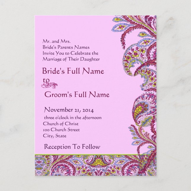 Elegant Vintage Paisley Wedding Invitation Postcard (Front)