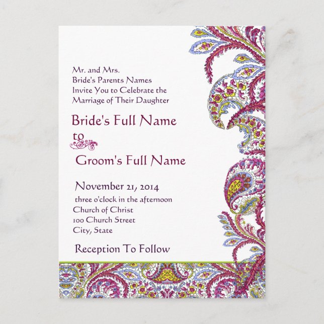 Elegant Vintage Paisley Wedding Invitation Postcard (Front)