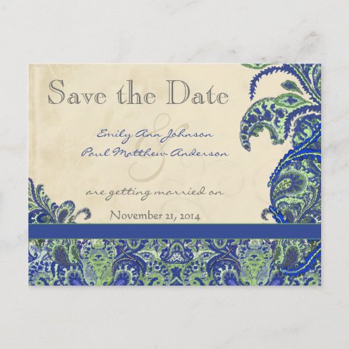 Elegant Vintage Paisley Wedding Save the Date Announcement Postcard