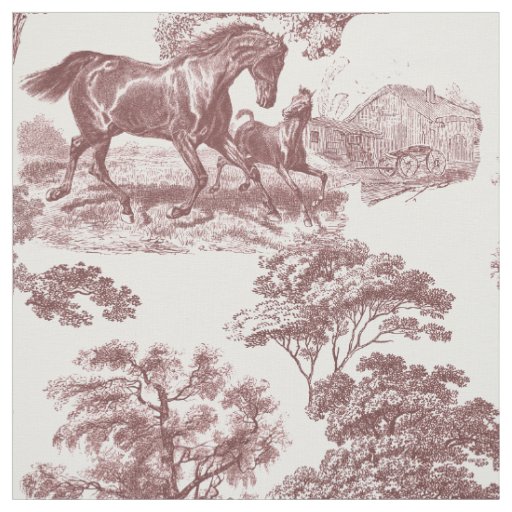 Elegant Vintage Pale Red Horse Toile Fabric