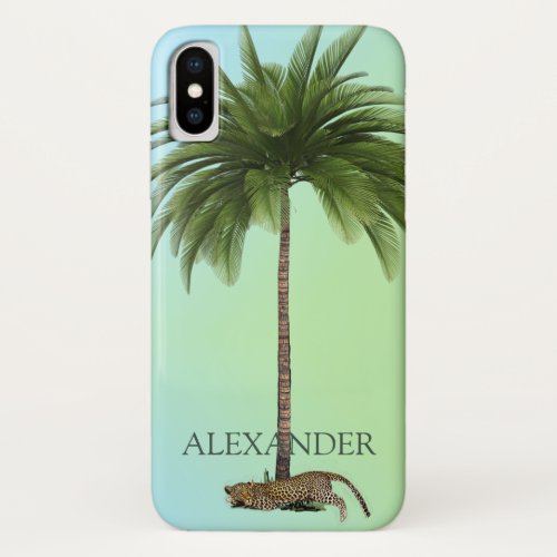 Elegant Vintage Palm Tree Leopard Wild  Green iPhone X Case