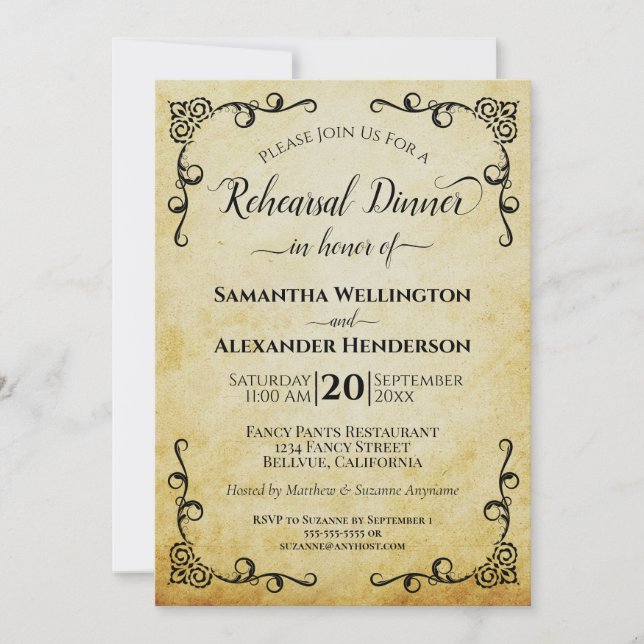 Elegant Vintage Parchment Wedding Rehearsal Dinner Invitation (Front)