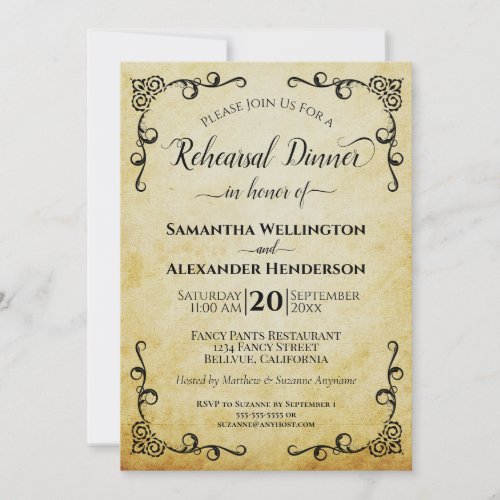 Elegant Vintage Parchment Wedding Rehearsal Dinner Invitation