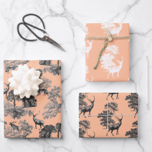 Elegant Vintage Peach Black White Toile Deer Woods Wrapping Paper Sheets