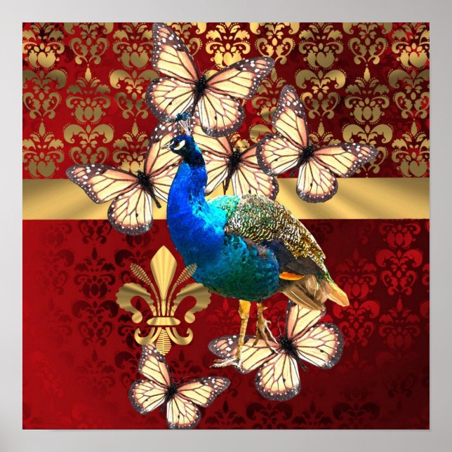 Elegant vintage peacock and red  damask poster (Front)