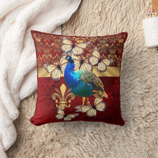 Elegant vintage peacock and red damask throw pillow Zazzle