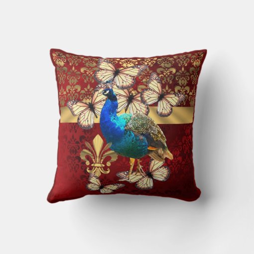 Elegant vintage peacock and red damask throw pillow Zazzle