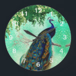 Elegant vintage peacock artwork                    large clock<br><div class="desc">Elegant vintage peacock artwork Drawn with colored pencil and watercolor, this peacock and grapes artwork is a vivid, art nouveau inspired design that looks elegant on a variety of products and prints! bird peacock animal peacocks, color foliage botany blooming , plumage botanical nature paradise, garden ornamental fashion flora, Girl trendy...</div>
