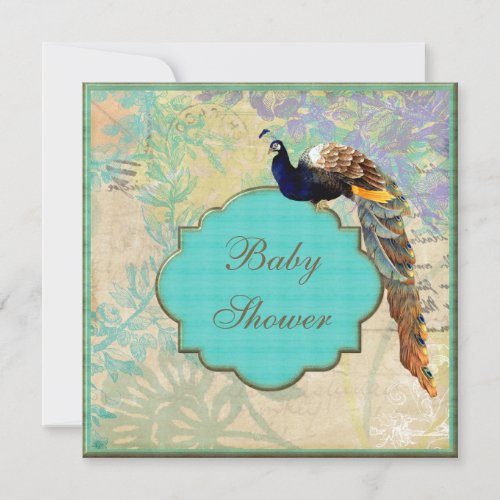 Elegant Vintage Peacock Baby Shower Invitation