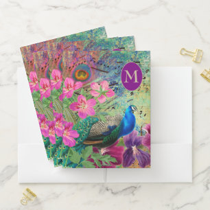 Elegant Vintage Peacock Blue Green Monogram Pocket Folder