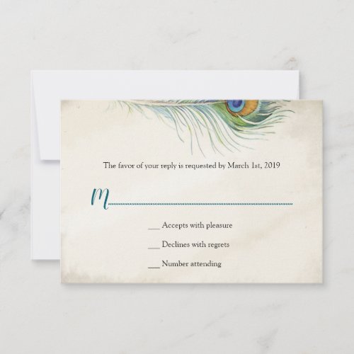 Elegant Vintage Peacock Feather Teal Wedding RSVP Card