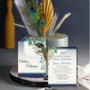 Elegant Vintage Peacock Feathers Navy Blue Wedding Invitation by AudreyJeanne at Zazzle
