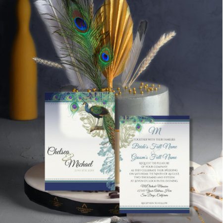 Elegant Vintage Peacock Feathers Navy Blue Wedding Invitation
