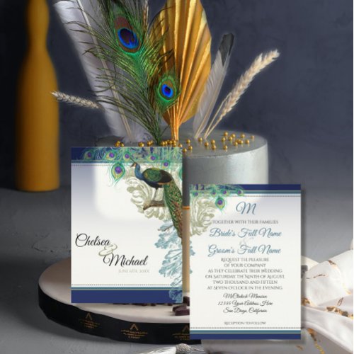 Elegant Vintage Peacock Feathers Navy Blue Wedding Invitation