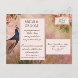 Elegant Vintage Peacock Floral Pink Save the Date Announcement Postcard ...