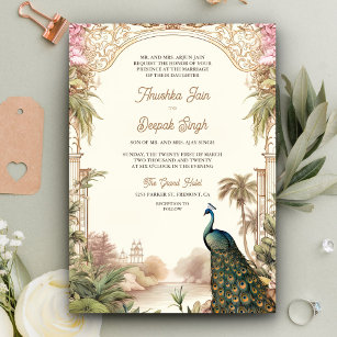 Elegant Vintage Peacock Garden Indian Wedding Invitation