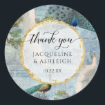 Elegant Vintage Peacock Gold Script Thank You Classic Round Sticker<br><div class="desc">"Elegant Vintage Peacock Gold Script Thank You Wedding or Bridal Shower Classic Round Sticker." Elegant script calligraphy, "thank you" message for wedding or bridal shower favor stickers and seals, script typography along with the couple's names and wedding date over a modern simple gold glitter edged, round circle velum style frame...</div>