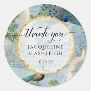 Elegant Vintage Peacock Gold Script Thank You Classic Round Sticker