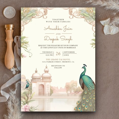 Elegant Vintage Peacock Indian Palace Wedding Invitation