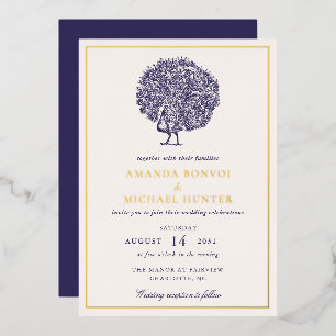 Elegant Vintage Peacock Midnight Blue Wedding Foil Invitation