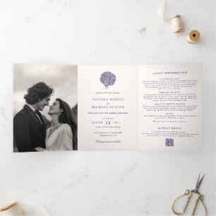 Elegant Vintage Peacock Midnight Blue Wedding Tri-Fold Invitation