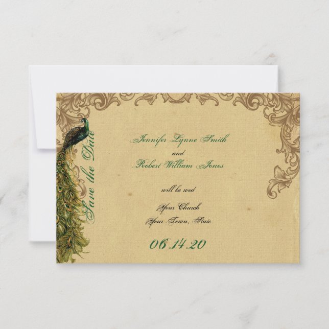 Elegant Vintage Peacock Posh Wedding Save the Date (Front)