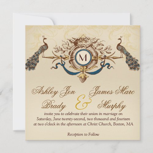 Elegant Vintage Peacock Square Wedding Invitations