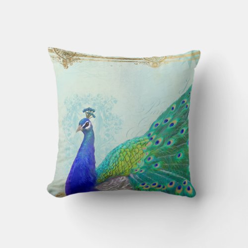 Elegant Vintage Peacock Tail Feather Art Painting Throw Pillow