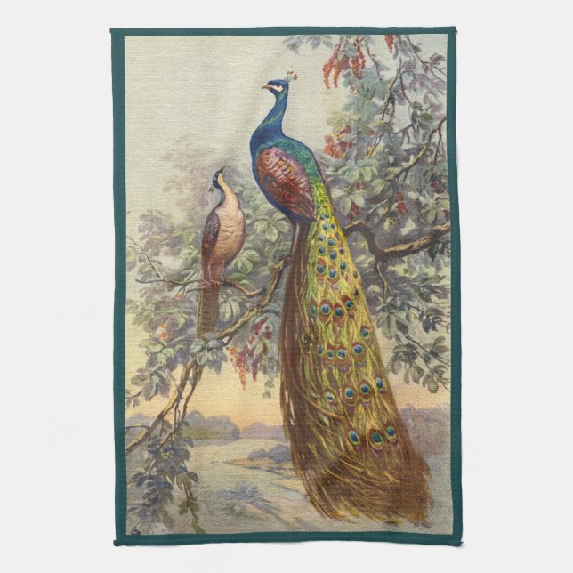 Elegant vintage peacock tree kitchen towel (Vertical)