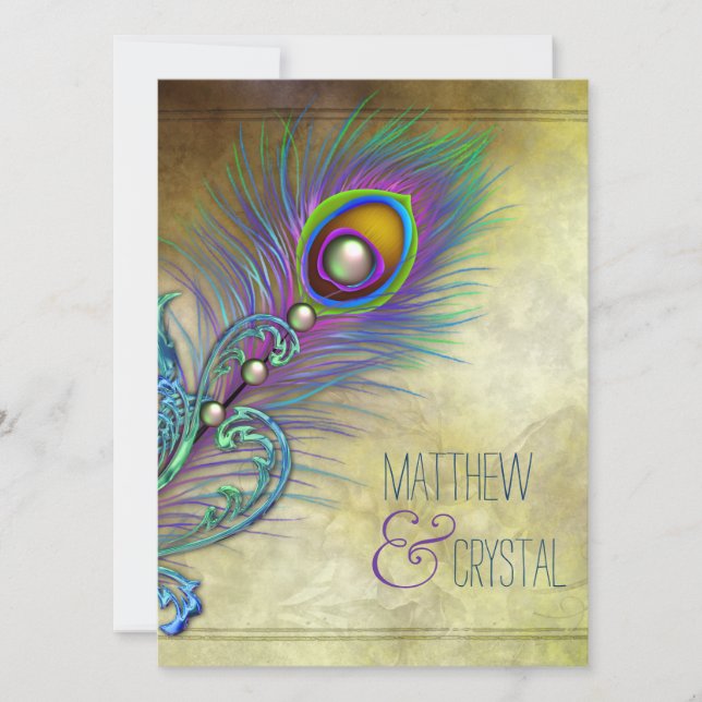 Elegant Vintage Peacock Wedding Invitation (Front)