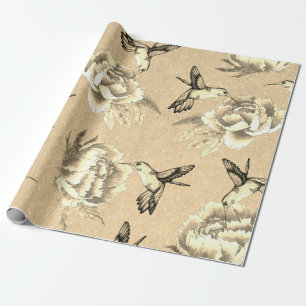 Elegant Vintage Peonies & Hummingbirds Swiss Dots Wrapping Paper