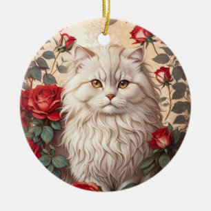Elegant Vintage Persian Cat With Roses Ceramic Ornament