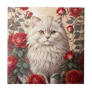 Elegant Vintage Persian Cat With Roses Ceramic Tile