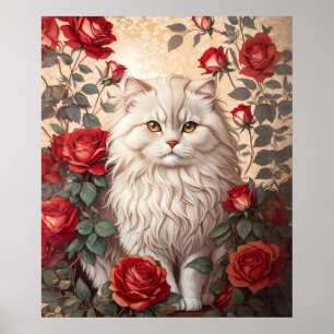 Elegant Vintage Persian Cat With Roses Poster