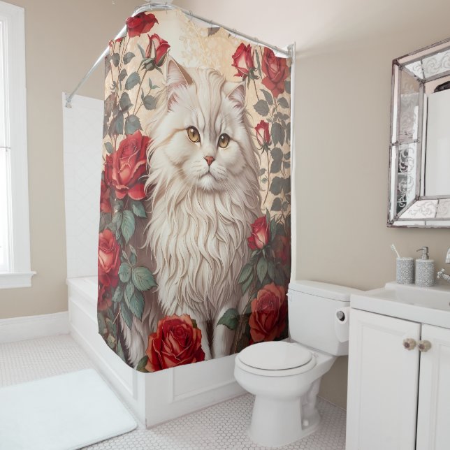 Elegant Vintage Persian Cat With Roses Shower Curtain (In Situ)