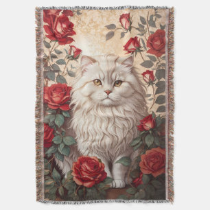 Elegant Vintage Persian Cat With Roses Throw Blanket