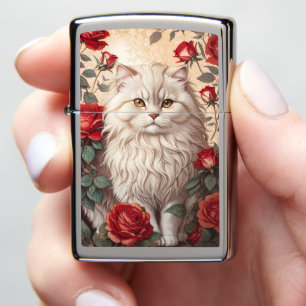 Elegant Vintage Persian Cat With Roses Zippo Lighter