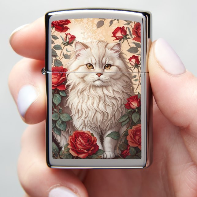 Elegant Vintage Persian Cat With Roses Zippo Lighter (In Hand)