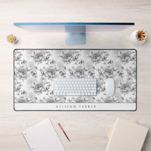 Elegant Vintage Personalized Linedrawn B&W Floral Desk Mat