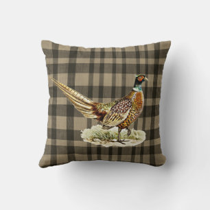 Elegant Vintage Pheasant Bird on Beige Brown Plaid Throw Pillow