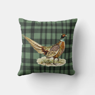 Elegant Vintage Pheasant Bird on Green Plaid Throw Pillow