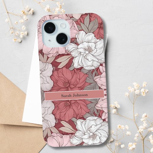 Elegant Vintage Pink and White Floral Custom Name iPhone 15 Case