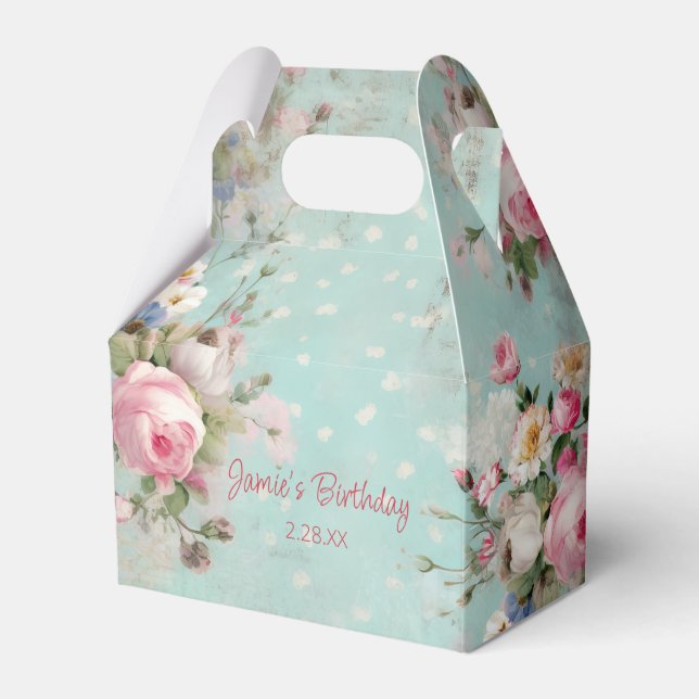 Elegant Vintage Pink and White Floral on Mint Favor Boxes (Front Side)