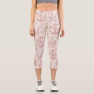 Elegant Vintage Pink Beige Equestrian Floral Toile Capri Leggings