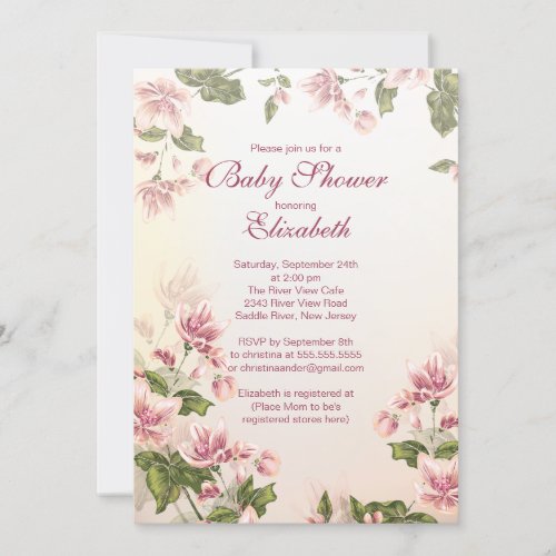 Elegant Vintage Pink Blossom Floral Baby Shower Invitation