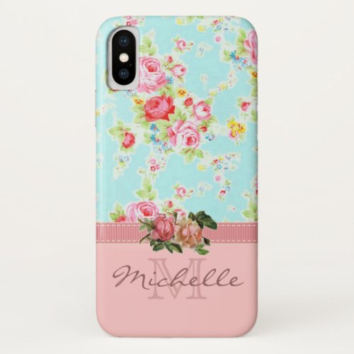 Elegant Vintage Pink  Blue Floral Monogram Name iPhone XS Case