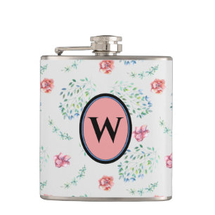 Elegant Vintage Pink Blue Floral Pattern Monogram Flask