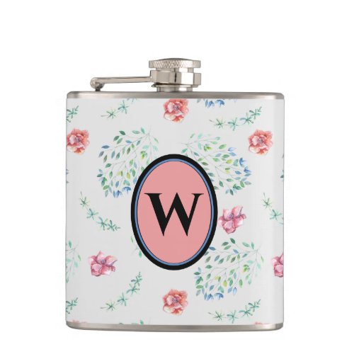 Elegant Vintage Pink Blue Floral Pattern Monogram Flask