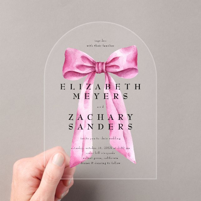 Elegant Vintage Pink Bow Wedding Acrylic Invitations (Insitu (Handheld))