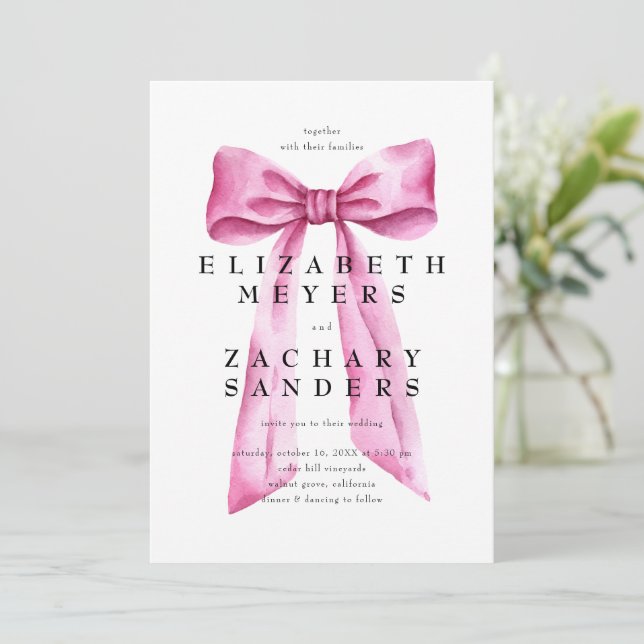 Elegant Vintage Pink Bow Wedding Invitation (Standing Front)